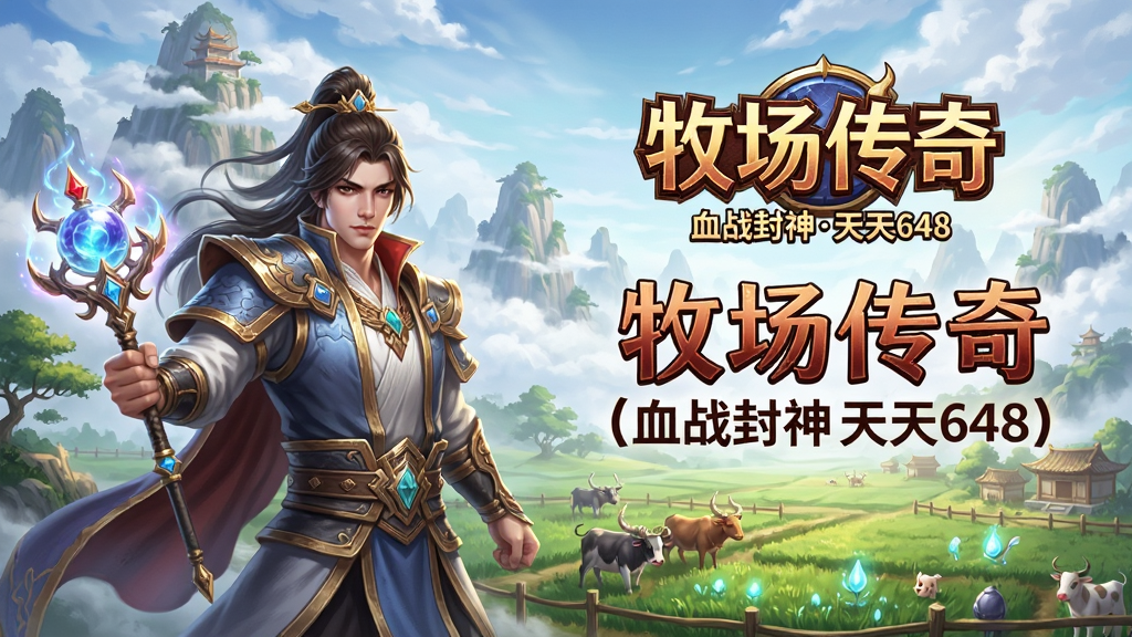 主体:游戏主视觉图,展现仙侠世界与牧场结合的场景,前景是手持神器的英雄角色,背景是云雾缭绕的仙山和灵田牧场,布局:英雄居中偏左,右侧留白放置游戏名称“牧场传奇(血战封神天天648)”字样,排版:游戏LOGO居中上方,副标题“血战封神天天648”置于LOGO下方,风格:写实仙侠风,色彩明亮,细节丰富,画质:8K超清,光影细腻,干净无多余元素