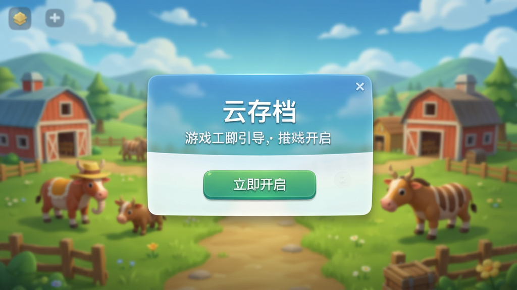 主体:游戏新手引导界面,显示“云存档”开启弹窗,背景是牧场全景,布局:弹窗居中,背景虚化,排版:弹窗上有“立即开启”按钮,风格:清新UI,画质:4K高清,干净无多余元素