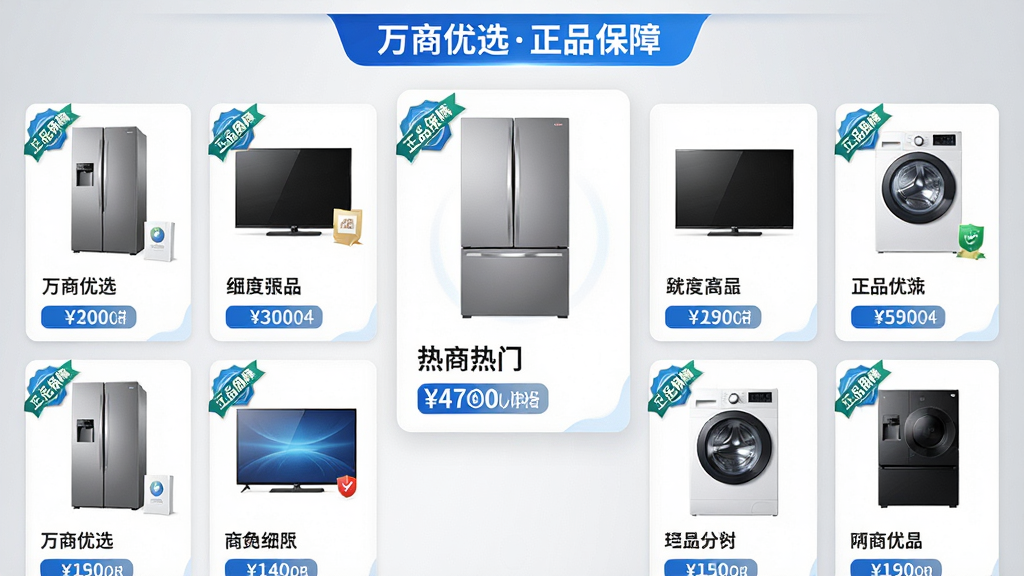 主体:万商优选APP商品陈列页面,展示冰箱、电视、洗衣机等家电产品,每件商品带有“正品保障”徽章。布局:商品按网格排列,画面中央偏上位置放置一个放大的热门商品,背景为浅灰色渐变。排版:商品卡片式布局,名称与价格标签清晰,顶部横幅写着“万商优选正品保障”。风格:现代简约,明亮干净,色彩以白、蓝为主。细节:商品光影真实,徽章图标醒目,界面流畅。画质:高清渲染,细节丰富,无多余杂物。
