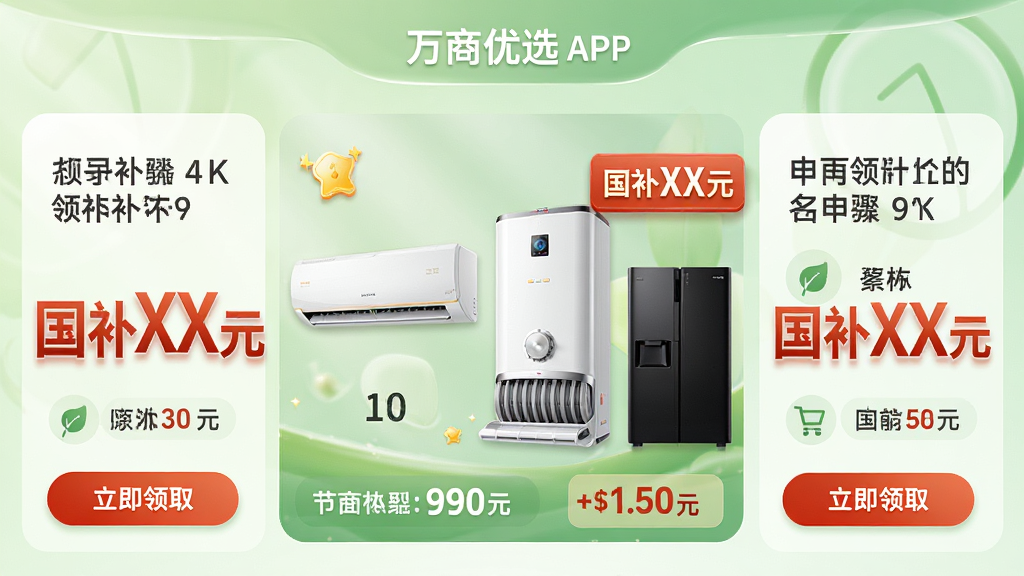 主体:万商优选APP国补专区页面,展示空调、热水器等节能家电,并显示“国补XX元”标签。布局:页面中央为补贴商品大图,左右两侧辅以文字说明与申领步骤图标,背景为淡绿色渐变,象征绿色环保。排版:信息条理清晰,补贴金额用红色大字突出,按钮“立即领取”醒目。风格:官方宣传风格,庄重且亲切。细节:商品细节精致,补贴标签立体,整体干净无杂乱元素。画质:4K超清,色彩柔和。