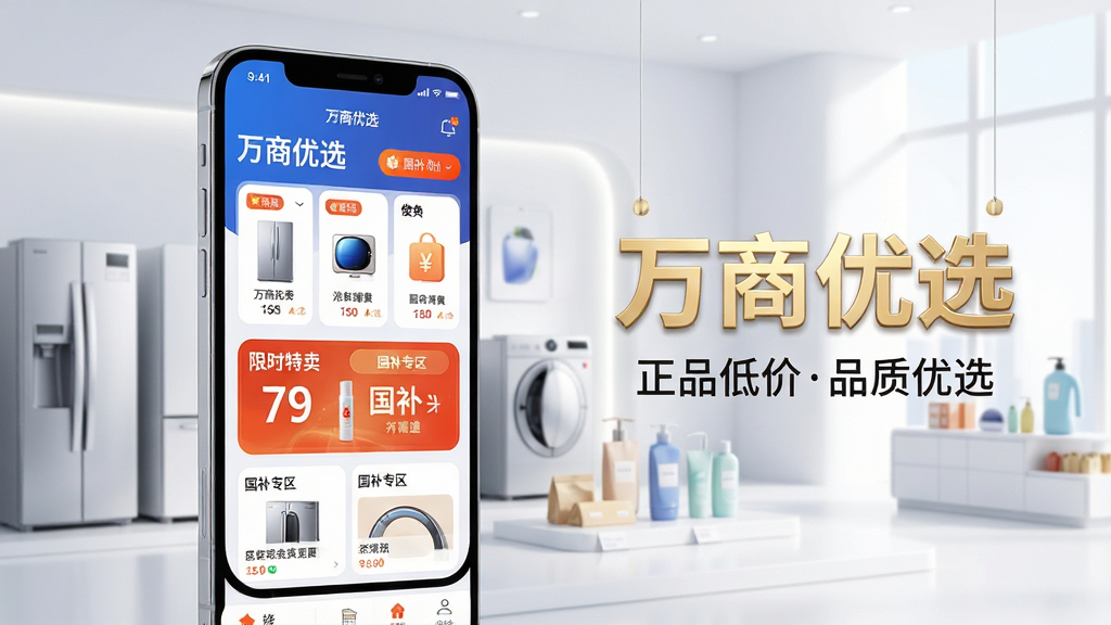 主体:万商优选APP界面展示,手机屏幕内显示商品分类、限时特卖、国补专区等模块,背景为现代简约的购物场景,有家电、日用品等商品立体展示。布局:手机居中偏左,右侧悬浮金色“万商优选”品牌字样,四周留白,突出主体。排版:采用电商风格,信息层级分明,主标题“万商优选”大号加粗,下方辅以“正品低价品质优选”标语。风格:商业科技感,光线明亮通透,色彩以品牌蓝与橙红点缀。细节:商品图片精致,图标清晰,界面圆角设计,整体干净无多余元素。画质:8K超清,渲染细腻,视觉冲击力强。