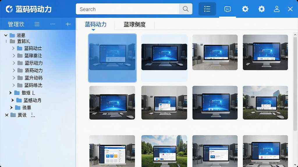 一张展示蓝码动力图片管理软件主界面的高清截图,左侧为文件夹树状目录,右侧为瀑布流缩略图预览,顶部有搜索栏和功能标签,整体布局清晰简洁,界面以蓝白配色为主,现代感强,画质干净,无多余元素