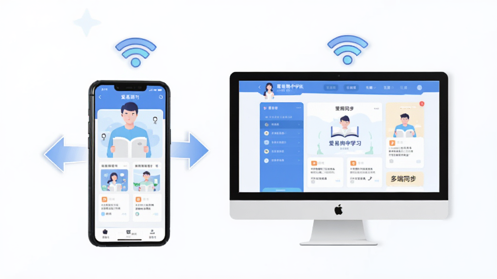 爱易课中学版使用指南插图,主体为手机与电脑并排展示学习界面,布局左右对称,风格现代扁平,细节包含同步箭头、WiFi图标、文字