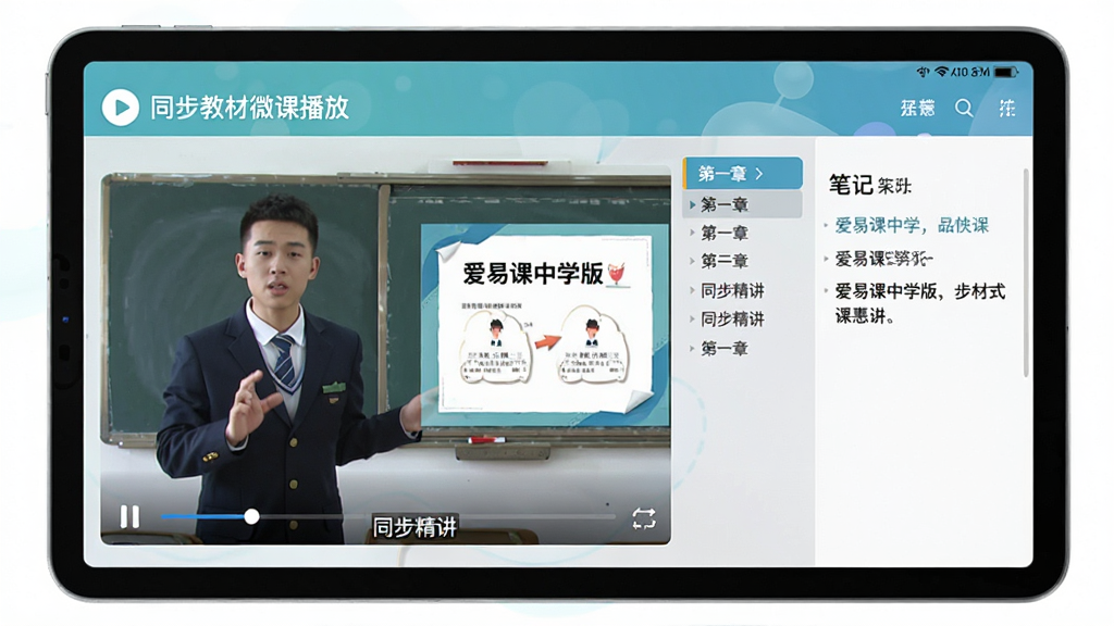 爱易课中学版同步教材微课播放界面,主体为平板电脑展示名师讲解画面与课件,布局视频区在左、笔记区在右,风格清新教育风,细节包含播放按钮、章节列表、字幕