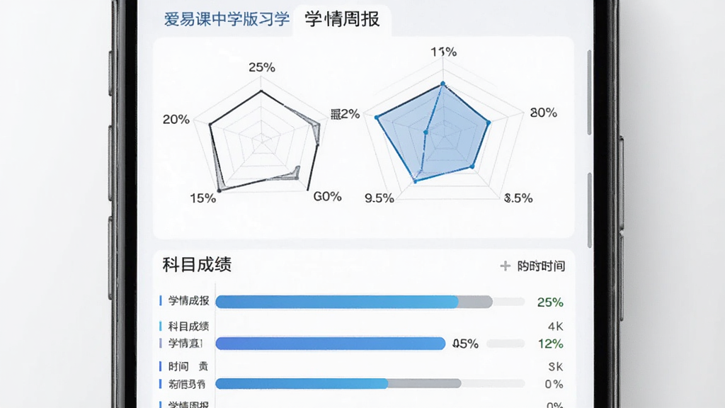爱易课中学版学习数据报告界面,主体为手机屏幕展示统计图表与学情分析,布局上方为雷达图、下方为科目成绩条,风格商务简洁,细节包含百分比、时间轴、文字