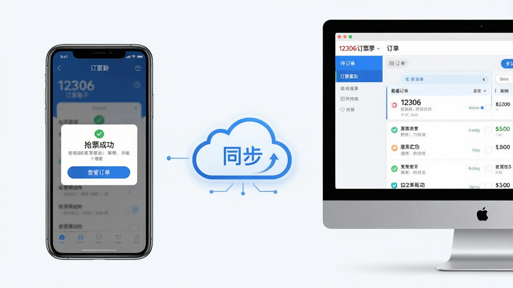 主体:12306订票助手在手机和电脑上同时运行的界面,展示两者的联动。布局:左手机右电脑,中间用云图标连接。排版:手机界面显示“抢票成功”弹窗,电脑界面显示订单列表。风格:现代简约,蓝白主调。细节:云图标上有“同步”字样,弹窗有“查看订单”按钮。画质:高清晰度,干净无冗余。