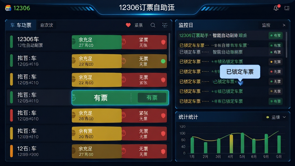 主体:12306订票助手“智能自动刷票”功能界面,屏幕上多条列车线路的余票状态实时滚动,其中一趟车次显示“有票”并高亮。布局:左侧为车次列表,右侧为监控日志,底部为统计图表。排版:信息密集但条理清晰,使用绿、黄、红三色表示余票充足、紧张、无票。风格:科技感界面,深色背景配蓝色霓虹光效。细节:监控日志快速刷新,有票瞬间弹出提示气泡“已锁定车票”。画质:高分辨率,细节清晰,干净无多余元素。