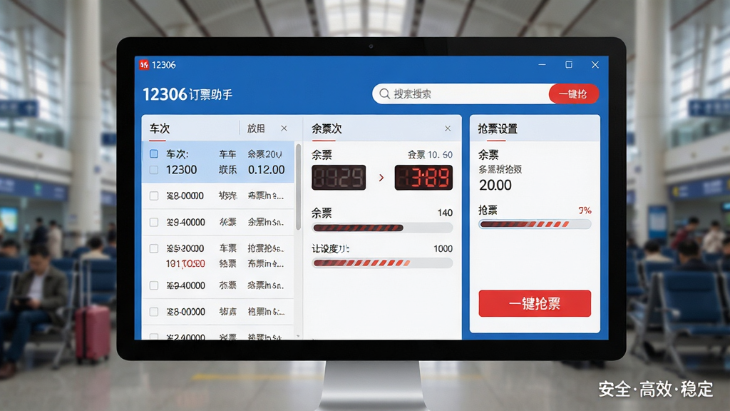 主体:12306订票助手软件主界面在电脑屏幕上的展示,界面显示列车时刻表、余票数量、抢票进度条和“开始抢票”按钮,按钮上文字为“一键抢票”。布局:居中构图,软件窗口占画面主体,背景为模糊的火车站候车大厅。排版:界面清晰,左侧为车次列表,右侧为抢票设置面板,顶部为搜索栏。风格:现代扁平化设计,蓝色主色调,点缀红色高亮按钮。细节:余票数字跳动,进度条动态填充,界面角落显示“安全高效稳定”字样。画质:4K超清,光影自然,干净无多余元素。