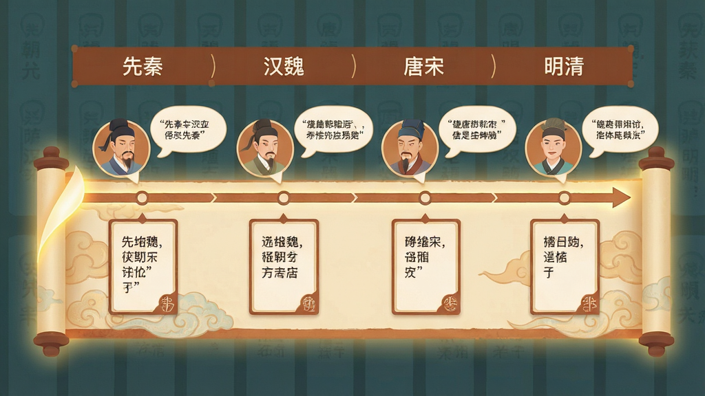 主体:时间轴长卷在屏幕上横向展开,标注“先秦”“汉魏”“唐宋”“明清”等节点,每个节点弹出代表诗人头像与诗句气泡。布局:横向卷轴式UI设计,中心对称。排版:时间轴上方为朝代名,下方为诗词卡片。风格:古风扁平化,色彩温润。细节:卷轴有祥云纹理,翻开处有微光。画质:高清,干净,无多余元素。