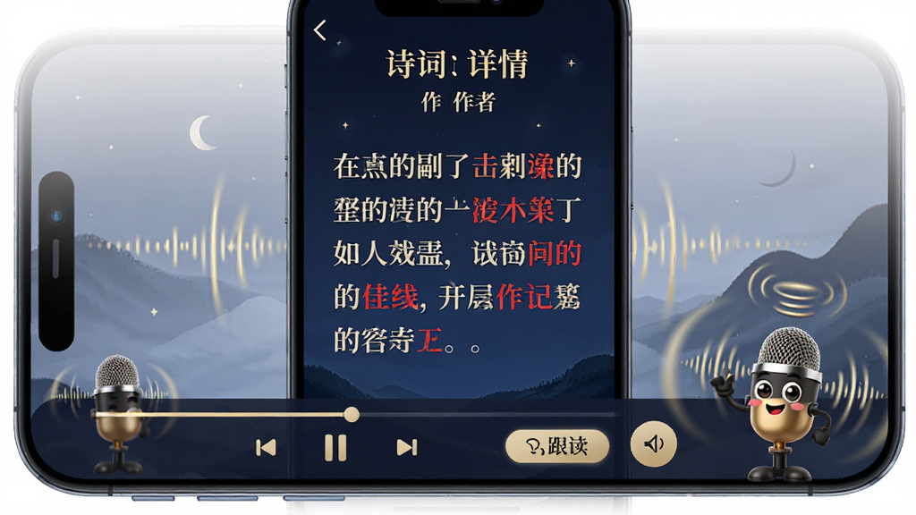 主体:手机大屏展示诗词详情页,下方有播放控制条与“跟读”按钮,一个拟人化的麦克风图标在屏幕角落。布局:竖向布局,顶部为诗词名与作者,中间为正文,底部为控制区。排版:正文使用大号衬线字体,关键字标红。风格:夜间模式,深蓝背景,金色文字。细节:声波动画环绕麦克风图标。画质:细腻,干净,无多余元素。