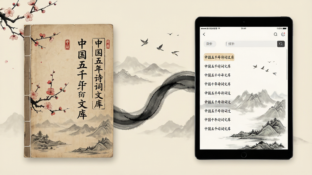主体:一本古朴线装书与一台现代平板电脑并置,书页与屏幕中浮现“中国五千年诗词文库”字样与古典山水诗词意境。布局:左书右屏,中间以飘逸的水墨丝带连接。排版:书名竖排于书封,屏幕界面显示诗词列表与搜索框。风格:新中式,水墨丹青与现代UI结合,淡雅米黄底色。细节:梅花、远山、飞鸟点缀,界面字迹清晰。画质:4K,干净,无多余元素。