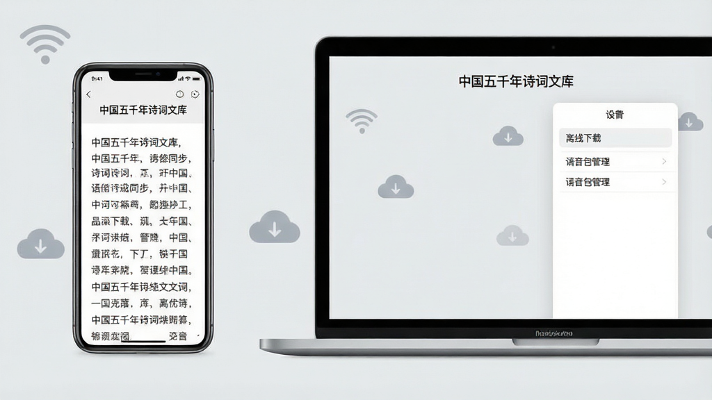 主体:一部智能手机与一台笔记本电脑并排放置,屏幕中显示“中国五千年诗词文库”的阅读界面与设置菜单。布局:左右对称,手机在左,电脑在右。排版:手机屏幕显示诗词正文,电脑屏幕显示“离线下载”与“语音包管理”设置项。风格:现代简洁,浅灰色背景。细节:WiFi图标与云朵图案点缀,强调数据同步与下载功能。画质:干净,明亮,无多余元素。