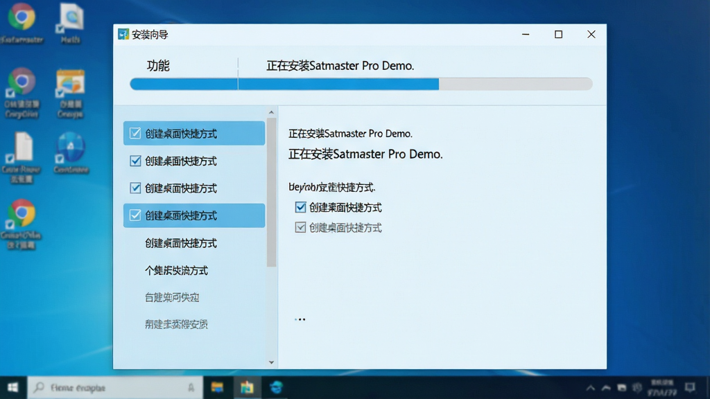 主体:安装向导界面截图,进度条显示“正在安装Satmaster Pro Demo”,背景为电脑桌面。布局:窗口居中,左侧功能列表,右侧安装选项。排版:文字说明简洁,按钮高亮。风格:清爽浅蓝配色,现代扁平风。细节:勾选框“创建桌面快捷方式”已选中。画质:清晰,无多余元素。