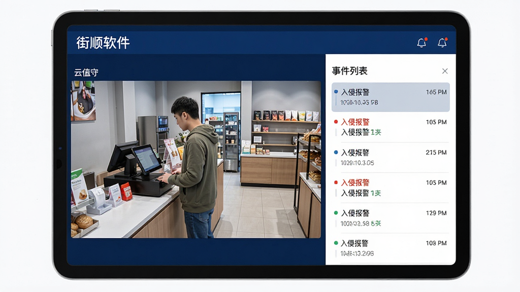 主体:街顺软件在平板电脑上展示云值守界面,左侧为监控画面,右侧为事件列表。布局:平板横屏,界面分为两栏。排版:监控画面清晰,事件列表带时间戳。风格:简洁商务风,深蓝与白色为主。细节:画面中显示一位顾客在店内,事件列表有“入侵报警”字样。画质:高清,干净,无多余元素。