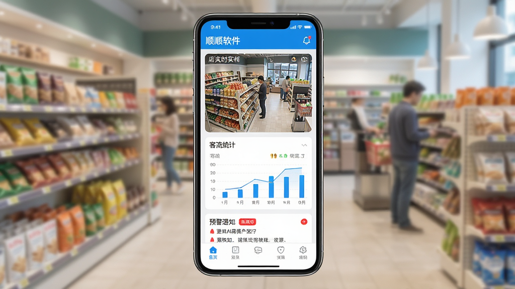 主体:街顺软件的主界面展示在智能手机上,屏幕内显示店铺实时监控画面、客流统计图表和预警通知列表。布局:手机居中,界面清晰,下方有功能导航栏。排版:画面整洁,信息层级分明。风格:现代科技感,色彩明亮,UI设计精致。细节:监控画面中可见货架与顾客,图表数据清晰可读,预警通知带有红色标记。画质:高清,干净,无多余元素。