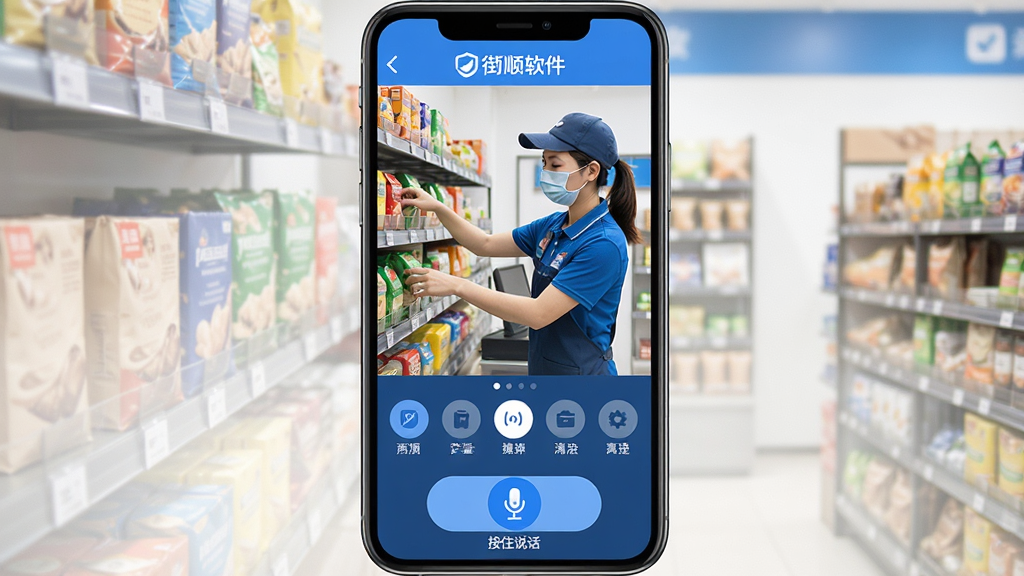 主体:街顺软件的远程巡店界面,手机竖屏显示,底部有语音按钮。布局:视频画面占屏幕三分之二,下方是控制按钮。排版:按钮图标清晰,语音按钮突出。风格:实用简洁,蓝色调为主。细节:画面中店员正在理货,语音按钮标注“按住说话”。画质:高清,干净,无多余元素。