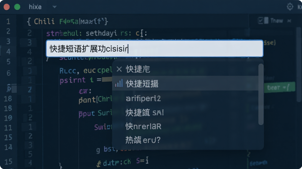 Chili 快捷短语扩展功能展示图,输入框中正在输入缩写,下方弹出候选短语列表,背景为代码编辑器界面,整体色调偏冷色,界面直观,高画质,无多余元素