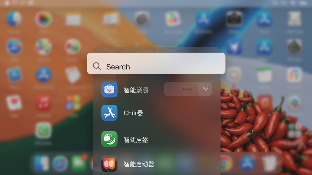 Chili 智能快速启动器功能演示图,屏幕中央显示悬浮搜索框,下方列出匹配的应用图标列表,背景为模糊化的桌面壁纸,界面简洁现代,高画质,干净无杂物