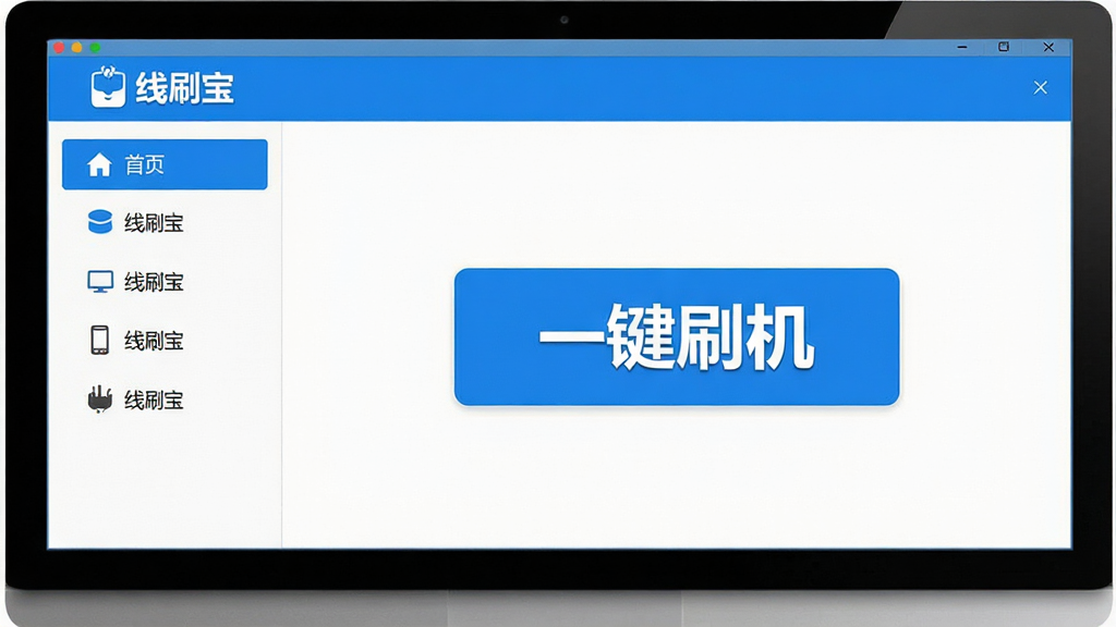 一张宽幅电脑截图,展示线刷宝软件主界面,左侧为功能导航栏,右侧为醒目的“一键刷机”按钮,界面采用蓝白配色,风格简洁现代,顶部显示“线刷宝”品牌Logo,整体画面明亮干净,细节清晰,画质高清,无多余元素