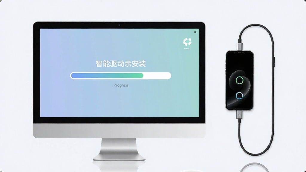 一张线刷宝智能驱动安装的示意图,画面展示电脑屏幕上的进度条正在安装手机驱动,手机通过数据线连接电脑,界面风格简洁,色彩柔和,细节清晰,画质高清,干净无多余元素