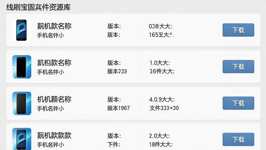 一张线刷宝固件资源库的界面截图,页面以列表形式展示多款手机固件包,每个条目包含机型名称、版本号、文件大小,右侧有“下载”按钮,背景为浅灰色,界面字体清晰,整体风格清爽,细节丰富,画质高清,干净无多余元素