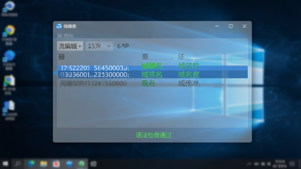 hosts编辑工具运行在Windows桌面上的场景,软件窗口半透明毛玻璃效果,界面中IP地址行被高亮为蓝色,域名为绿色,注释为灰色,窗口下方有“语法检查通过”的绿色提示,背景是模糊的桌面壁纸,整体科技感强,画质细腻,干净无干扰