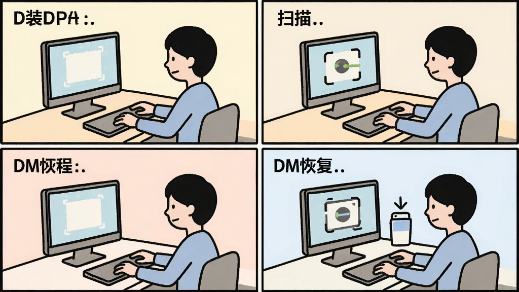 DM Pro 使用教程步骤图,分四格漫画形式展示安装、扫描、预览、恢复四个过程,人物操作电脑简笔画风格,线条清晰,配色柔和,干净背景