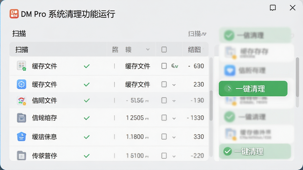 DM Pro 系统清理功能运行界面,展示扫描出的缓存文件、临时文件列表,带有“一键清理”绿色按钮,背景为浅灰色调,干净简洁,画质高清