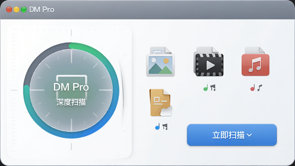 DM Pro 深度扫描功能示意图,界面显示扫描进度圆环和已识别的文件类型图标,包括图片、文档、视频、音频等,旁边有“立即扫描”蓝色按钮,风格写实,色彩清晰,画质细腻,干净无杂物