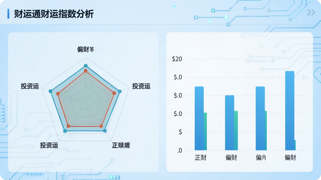 财运通财运指数分析页面,展示雷达图与柱状图,包含正财、偏财、投资运等标签,背景为浅蓝色科技感风格,数据可视化清晰,界面干净无多余元素,画质高清