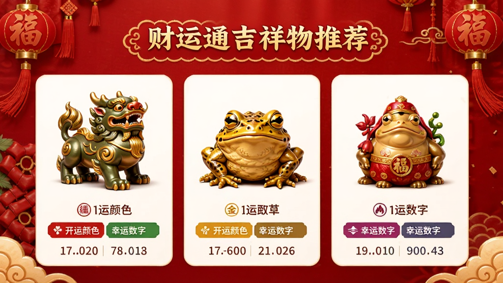 财运通吉祥物推荐页面,展示貔貅、金蟾等吉祥物图片,附有开运颜色与幸运数字,背景为红色喜庆风格,布局整齐,画质高清,干净无多余元素