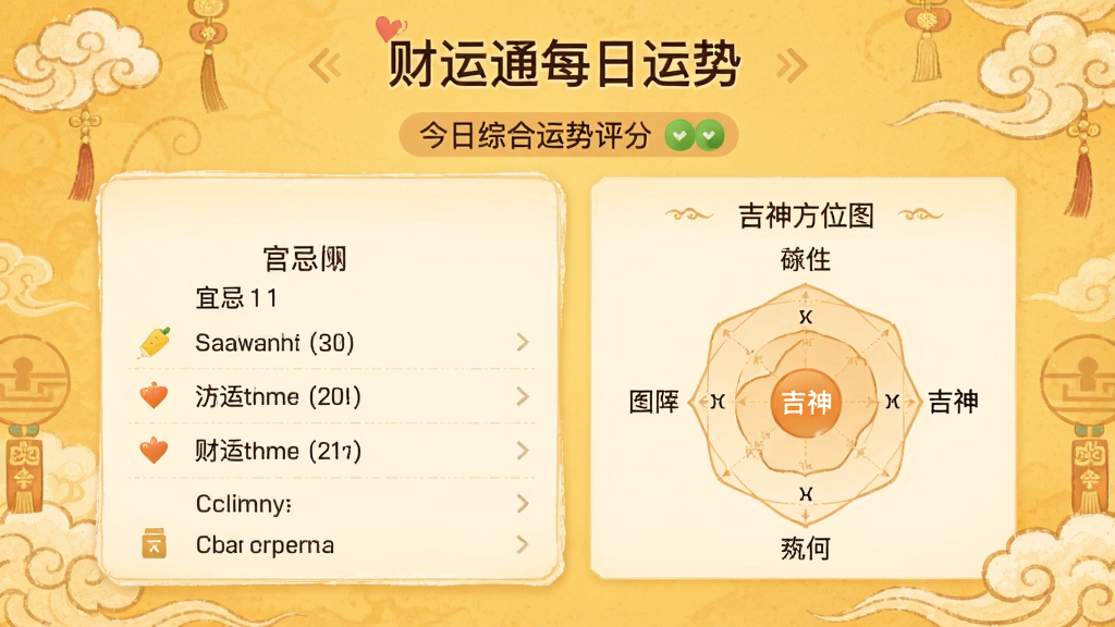 财运通每日运势页面,展示今日综合运势评分、宜忌列表、吉神方位图,背景为暖黄色古风元素,界面温馨,文字清晰,干净无多余元素,画质高清