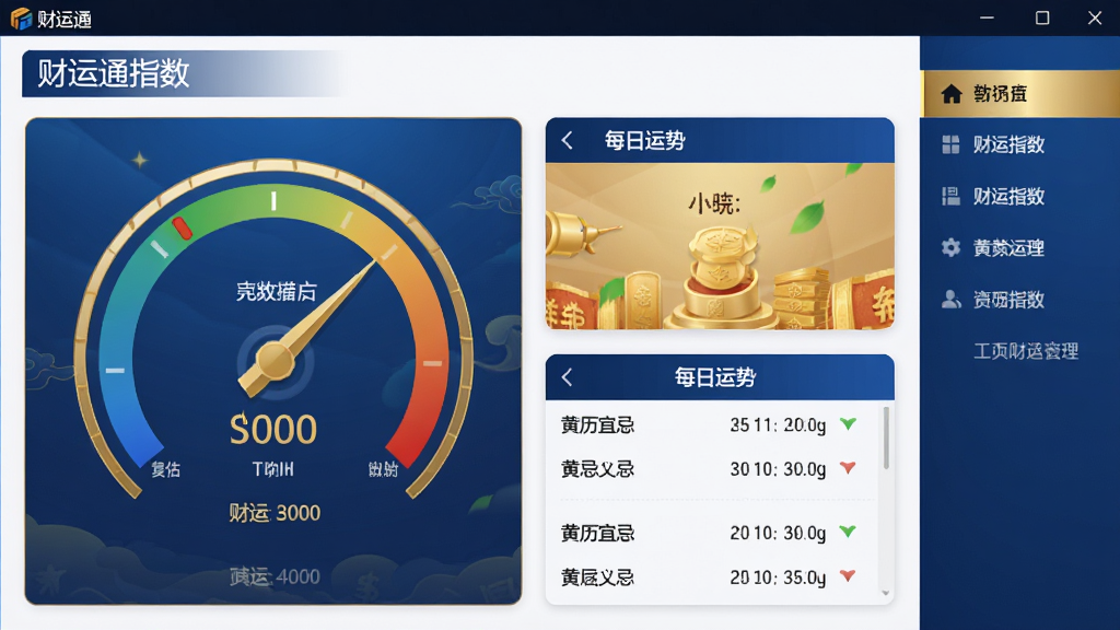 财运通软件主界面截图,展示首页财运指数仪表盘、每日运势卡片、黄历宜忌列表,布局简洁大气,蓝金色调为主,右侧功能导航栏,整体界面干净、无多余元素,画质高清