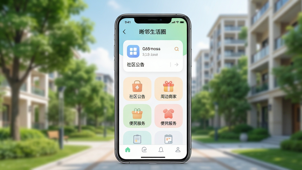 画面主体为一部智能手机屏幕,屏幕上清晰显示“晰邻生活圈”APP主界面,界面包含社区公告、周边商家、便民服务等模块图标。布局为手机居中,背景为模糊的现代社区环境,有绿树和楼房。排版简洁,风格清新明亮,细节包括屏幕上的功能图标圆润、色彩柔和,整体画质高清,干净无多余元素。