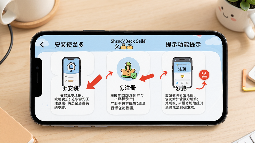 手机屏幕显示“晰邻生活圈”使用教程步骤,包含安装、注册、功能操作等提示。布局为分步骤图解,背景为简洁桌面。排版清晰,风格卡通,细节有红色箭头标注重点,画质干净,无多余元素。