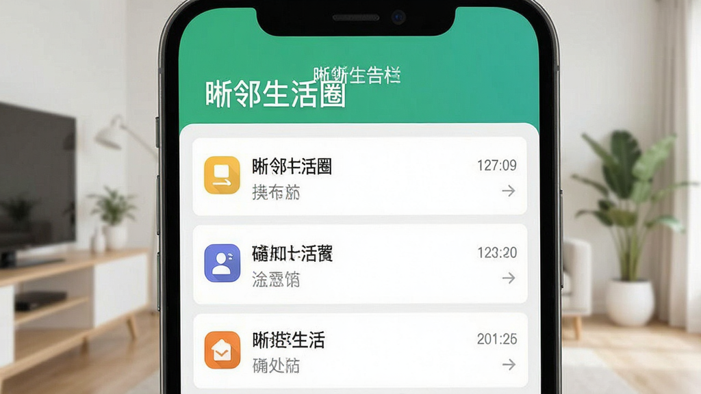 图片主体为手机应用界面,上方显示“晰邻生活圈”社区公告栏,列表中有多条通知条目。布局为手机屏幕特写,背景为简洁的室内环境。排版采用列表式,风格扁平化,细节包括通知条目带有时间标签和彩色图标,画质清晰,整体干净无多余元素。