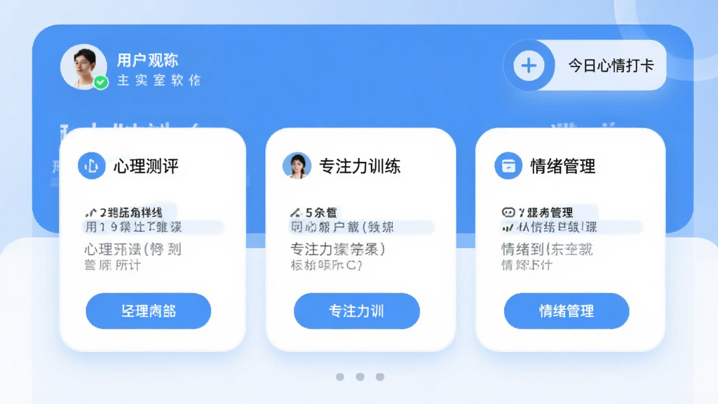 观心实验室软件主界面预览图,展示心理测评、专注力训练、情绪管理三大核心功能模块,界面采用清新蓝白配色,圆角卡片布局,顶部显示用户昵称与今日心情打卡图标,整体风格简约现代,画质干净,无多余元素。