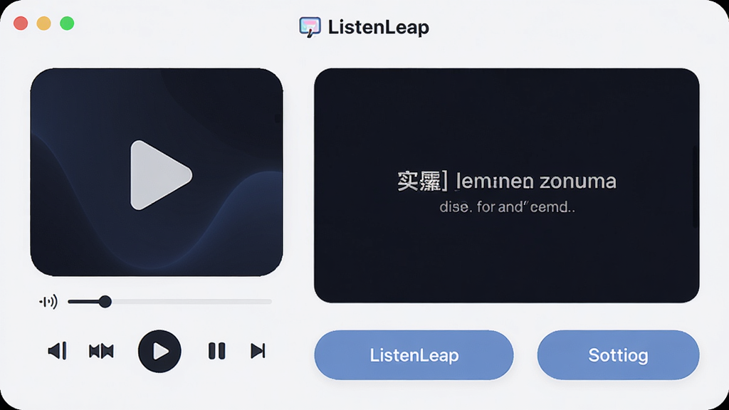 一张展示ListenLeap主界面的高清产品预览图,界面包含播放器、字幕显示区和功能按钮,整体风格简洁现代,浅色背景,图标圆润,画质干净,无多余元素,文字标注“ListenLeap”
