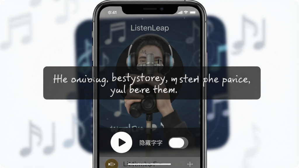 展示ListenLeap精听模式的界面,手机屏幕中央显示一句英文例句,下方有播放按钮和隐藏字幕开关,背景为模糊的播客封面,界面风格干净明亮,突出“精听”功能,画质清晰