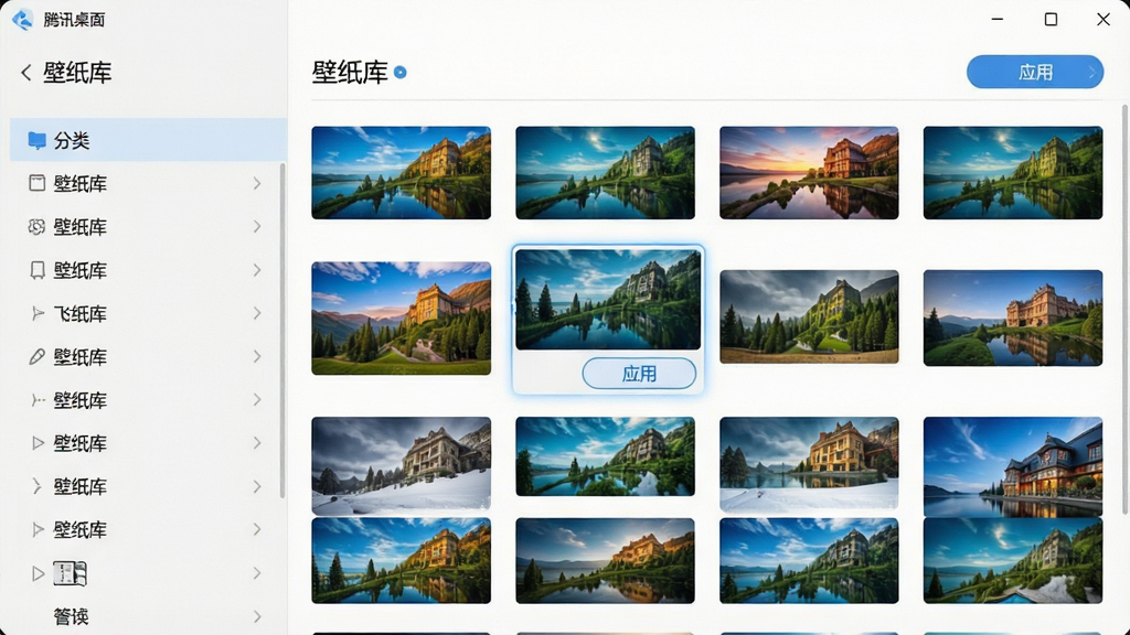 一张展示“腾讯桌面整理”壁纸切换功能的图片,主体是软件设置界面中的“壁纸库”页面,左侧是壁纸分类列表,右侧是高清壁纸缩略图网格,其中一张壁纸被高亮选中,并显示“应用”按钮。布局为左右结构,居中展示,风格清新简洁,细节上壁纸缩略图色彩艳丽,界面按钮清晰,画质细腻,干净无多余元素。