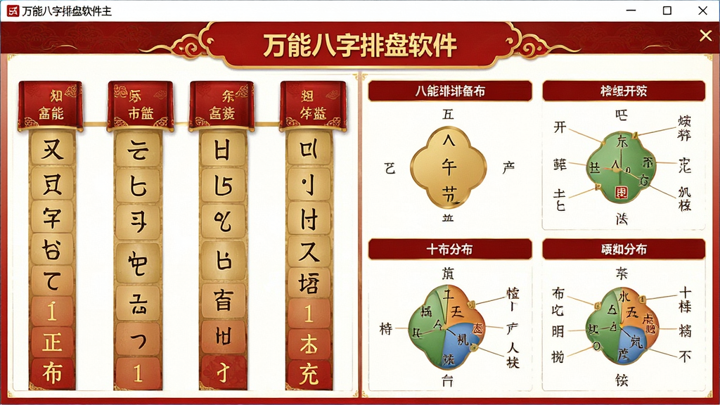 一张展示万能八字排盘软件主界面的高清截图,界面包含清晰的八字四柱、五行统计、十神分布等核心功能模块,整体设计简洁大气,配色以中国风红金色为主,文字清晰可读,画质干净,无多余元素。