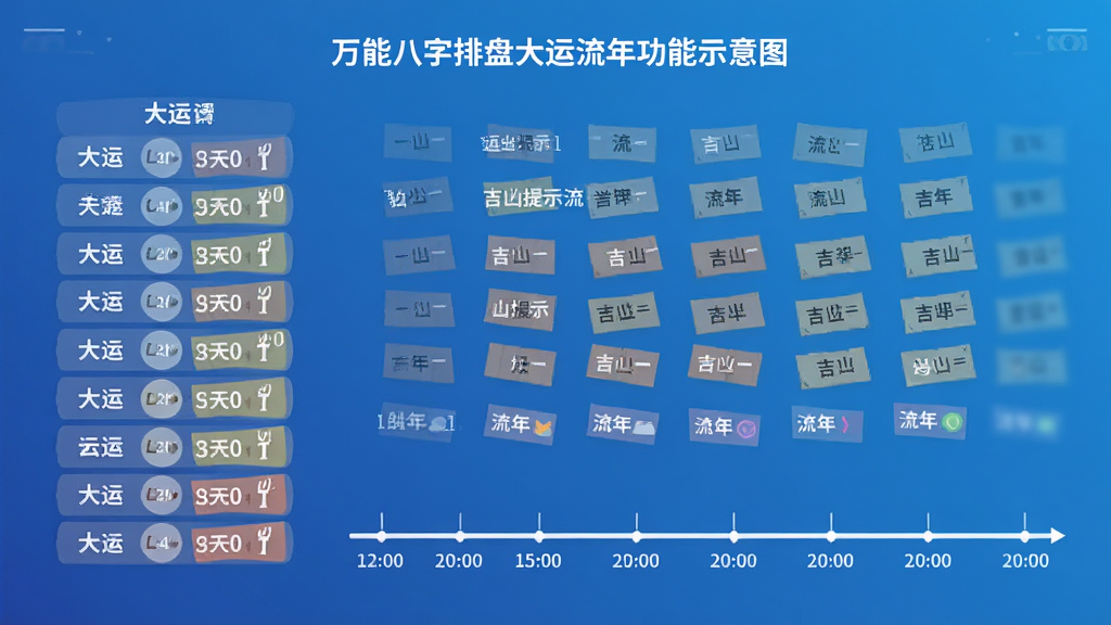 万能八字排盘大运流年功能示意图,展示大运列表与流年吉凶提示,时间轴清晰,运势说明文字简洁,界面采用蓝色渐变背景,字体白色清晰,画质干净,无多余元素。