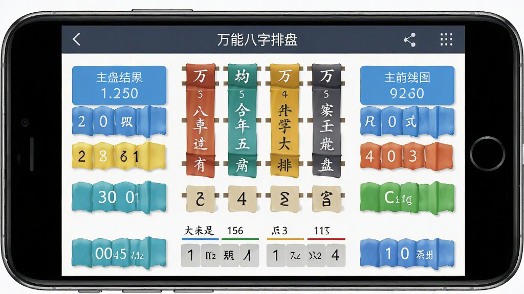 万能八字排盘手机版操作界面图,展示排盘结果页面,包含四柱、五行、大运等模块,手机屏幕清晰展示,背景简洁,画质干净,无多余元素。