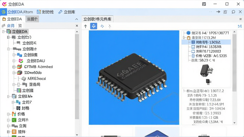 立创EDA软件元件库界面截图,左侧为分类树状列表,右侧为元件预览区,显示一个芯片的3D模型,并标注了型号、封装、价格等信息,界面采用清爽的蓝白配色,软件名称“立创EDA”在界面左上角,画质锐利,无多余元素。