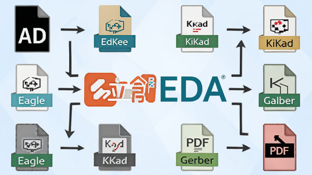 立创EDA软件文件导入导出功能示意图,画面中央是一个立创EDA的Logo,周围环绕着多种文件格式图标,如AD、Eagle、KiCad、Gerber、PDF等,用箭头连接,表示相互转换,背景为淡蓝色渐变,画质干净,无多余元素。
