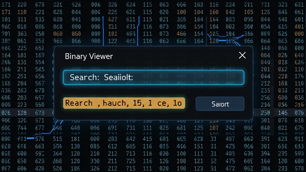 Binary Viewer软件的搜索功能演示图,主体为搜索对话框与高亮匹配结果,背景为十六进制数据视图,布局直观,高亮颜色醒目,风格科技感强,画质清晰,干净无杂物
