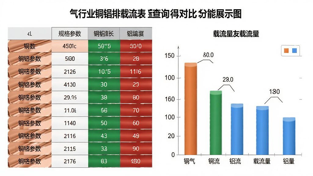 电气行业铜铝排载流表查询工具对比分析功能展示图,画面中央为两组铜排与铝排的数据对比表格,左侧为规格参数,右侧为载流量柱状图,颜色区分明显,背景为白色,整体风格清爽简约,布局对称,细节丰富,画质干净,无多余元素