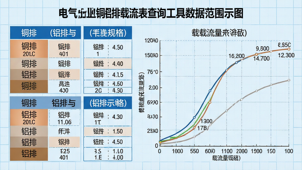 电气行业铜铝排载流表查询工具数据覆盖范围示意图,画面左侧为铜排与铝排的规格列表,右侧显示对应的载流量曲线图,背景为淡蓝色网格,图表线条清晰,数据标注醒目,整体风格专业严谨,布局规整,细节丰富,画质干净,无多余元素