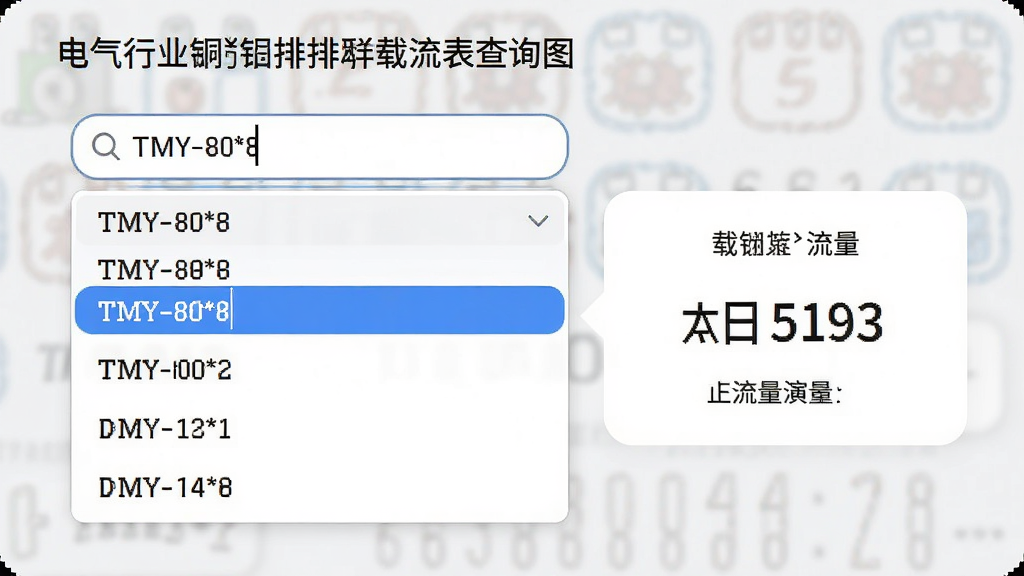 电气行业铜铝排载流表查询工具智能搜索功能演示图,画面中搜索框内输入“TMY-80*8”,下方下拉列表显示多条匹配结果,其中一条被高亮突出,右侧显示对应载流量数值卡片,界面采用浅灰背景,卡片圆角设计,整体风格现代简洁,细节清晰,画质干净,无多余元素