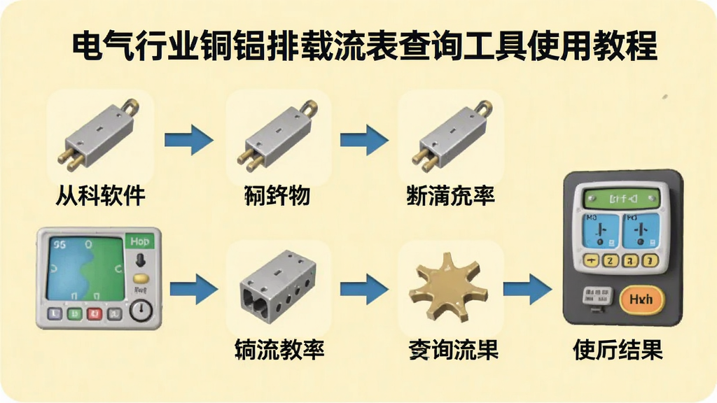 电气行业铜铝排载流表查询工具使用教程步骤示意图,画面以步骤流程图形式展示从打开软件到查询到结果的完整过程,每一步配有箭头指引,背景为浅黄色,图标风格简洁,文字清晰,整体风格教学感强,画质干净,无多余元素